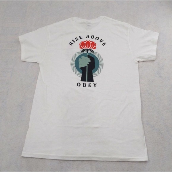 Obey Men's T-Shirt Rise Above Flower Fist White Size Medium Shepard Fairey - Picture 1 of 7